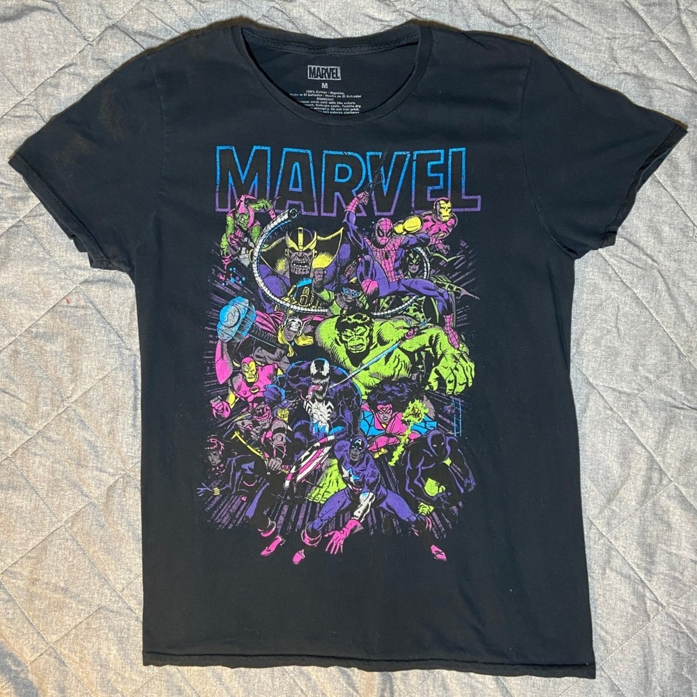Marvel Comics Superhero Collage Graphic T-Shirt Men's Medium Black Neon Print